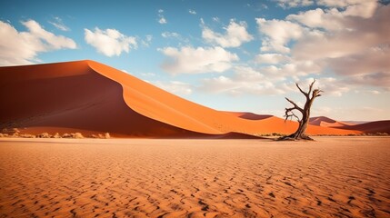 A beautiful orange desert with dunes and a withered and lonely tree on a blue sky background. Summer, Landscape, Heat concepts.