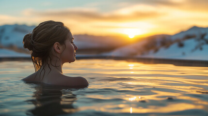 Wet haired woman soaking in a hot spring pool located on a hill, view of snowy mountains in the distance, Ai generated Images
