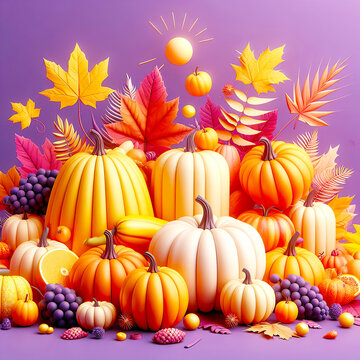 Bright image showing a variety of fall fruits, pumpkins, artistically arranged on a purple background. Autumn leaves in shades of yellow and orange. AI Generative.