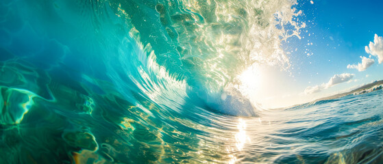 Towering ocean wave with sunlight piercing through crest.
 - obrazy, fototapety, plakaty