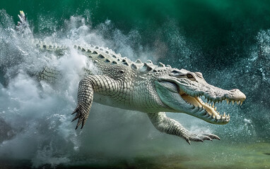 Crocodile diving deep in the river. Generative AI