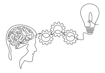 Strategic thinking and planning concept with head line and lightbulb with gears.continuous line