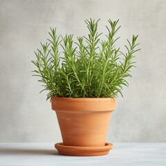 Rosemary in a pot, minimalist style, isolated on a simple gray background. This professional image consists of a subtle gradient. soft shadows It emphasizes the overall elegance of the scene.