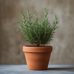 Rosemary in a pot, minimalist style, isolated on a simple gray background. This professional image consists of a subtle gradient. soft shadows It emphasizes the overall elegance of the scene.