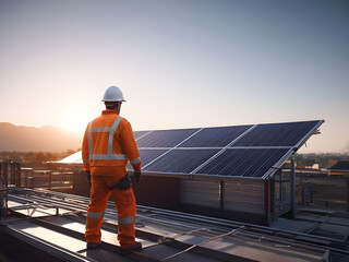 Male technician in orange uniform working with solar panels, installing photovoltaic panels. Renewable solar energy, alternative energy sources