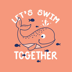 tee print design with cute whale drawing as vector