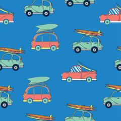 summer concept pattern design with van and car drawing as vector
