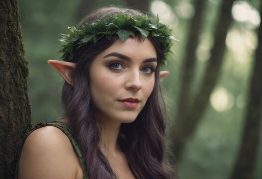 Elf girl dressed in a cape and with a wreath on her head in the forest. Fantasy elf from the forest. Beautiful fantasy woman.