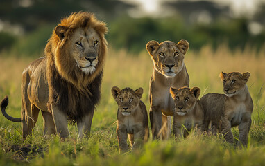 Lion family in meadow. Generative AI - obrazy, fototapety, plakaty