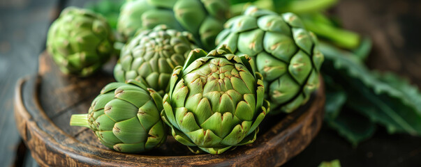 Fototapeta premium Fresh artichokes, whole and halved