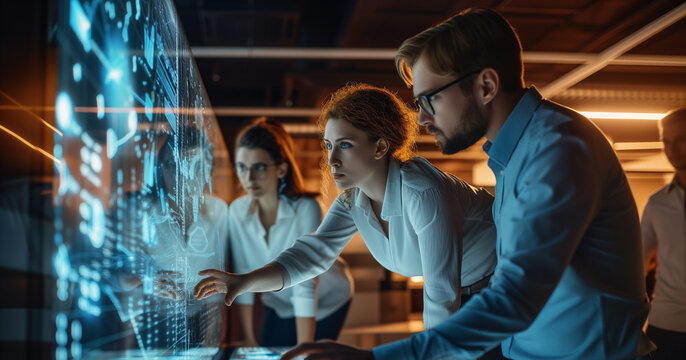 A team of technology professionals is intensely focused on analyzing complex data visualizations on an interactive digital display. - Powered by Adobe