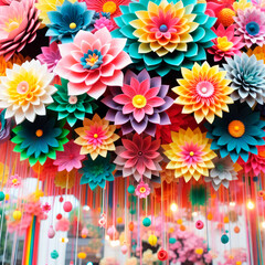 Fototapeta na wymiar Multicolored paper flowers hanging from the ceiling. Petals of different colors. Threads with small colored balls attached at the ends. The background is blurred. AI Generative.