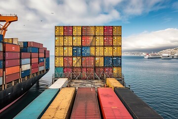 Fototapeta premium Container Loading: Freight Transport at International Port,Cargo Transfer: Crane Loading Containers onto Ship