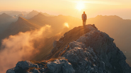 A male adventurer at the top of a mountain with a stunning view of the sunrise over a rugged landscape