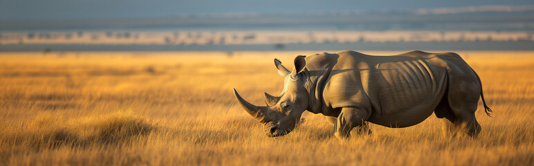 Rhino in medow of savanna africa.Panorama view.  Generative AI
