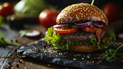 Hamburger, salade steak, tomate, bacon, posé sur une ardoise, illustration ia générative - obrazy, fototapety, plakaty