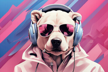 illustration of a dog wearing a headset on its head in a pink style