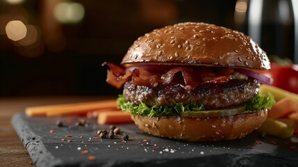 Hamburger, salade steak, tomate, bacon, posé sur une ardoise, illustration ia générative - obrazy, fototapety, plakaty