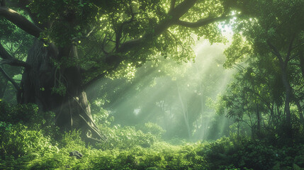 Naklejka premium verdant forest with towering ancient trees, sunlight filtering through dense foliage, creating a play of light and shadow on the forest floor, symbolizing growth and vitality
