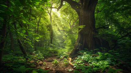 verdant forest with towering ancient trees, sunlight filtering through dense foliage, creating a play of light and shadow on the forest floor, symbolizing growth and vitality