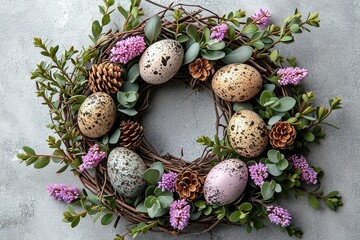 Obraz na płótnie Canvas easter eggs placed in spring floral wreaths.