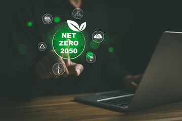 Net zero 2050. Ecology environment. Eco system. Controlling global warming negative effects around the world concept. Save energy by reducing use of carbon dioxide, solar energy, wind. Recycling