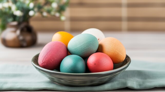 colorful hand-painted easter eggs placed with care on a plate