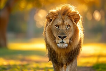 portrait of a lion walking straight, front view