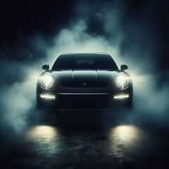 Fototapeta na wymiar black car with headlights on in the dark with fog around