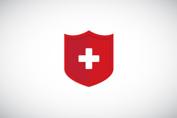 Obraz premium Medical health protection shield with cross. Healthcare medicine protected steel guard concept symbol. Health insurance icon 