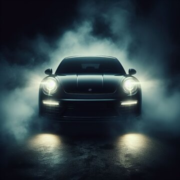 black car with headlights on in the dark with fog around