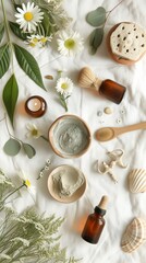 A serene flatlay featuring natural skincare products, green clay powder, wooden brushes, and fresh green leaves, capturing a sustainable beauty routine.