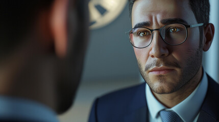 job candidate and interviewer, detailed facial expressions of anticipation and scrutiny, background of a prestigious company's logo, focused, calm ambient lighting