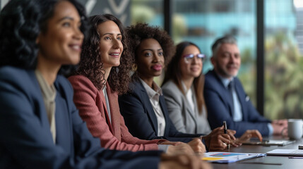 diverse interview panel with a candidate, detailed expressions of consideration and confidence, diverse ethnicities represented, modern, inclusive office environment, natural and artificial lighting m