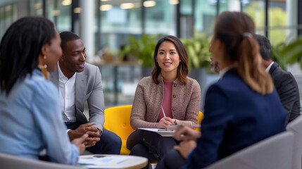 diverse interview panel with a candidate, detailed expressions of consideration and confidence, diverse ethnicities represented, modern, inclusive office environment, natural and artificial lighting m