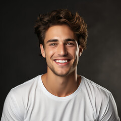 Obraz premium Portrait of a young man with white teeth. Advertisement of a dental clinic. Advertisement of a dentist. 