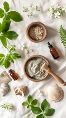 Fototapeta na wymiar A serene flatlay featuring natural skincare products, green clay powder, wooden brushes, and fresh green leaves, capturing a sustainable beauty routine.