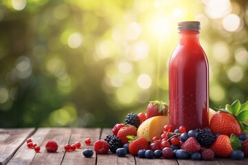 Berry blend bottled juice with fresh fruits on wooden table