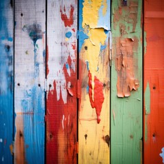 close up of a layer of colored paint on fence boards