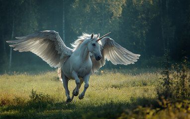 Unicorn with wings jumping in the woods. Generative AI