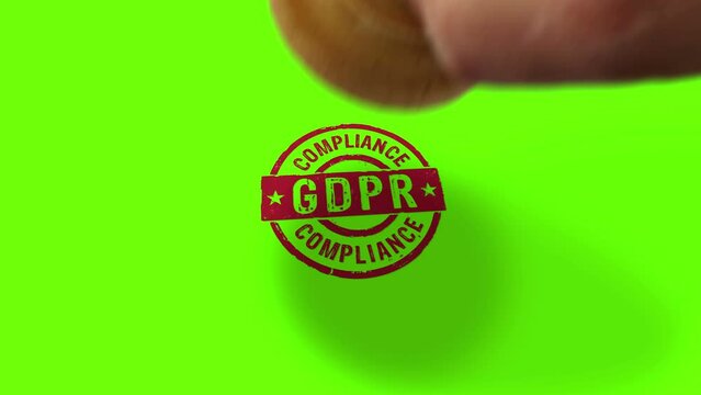 GDPR Compliance stamp and hand stamping impact isolated animation. General data protection regulation 3D concept. Alpha matte channel.