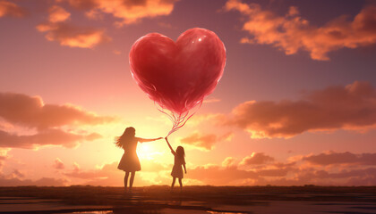 Recreation of two girls with a heart shaped balloon at sunset - obrazy, fototapety, plakaty