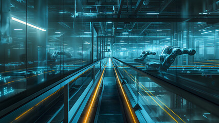 Fototapeta premium Long time exposure photography of a modern assembly line, capturing the ethereal glow of machines in motion against the stark, streamlined design of the manufacturing floor