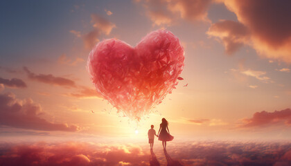 Recreation of kid and woman walking in a cloud landscape with a giant red heart floating - obrazy, fototapety, plakaty