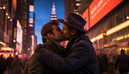 Recreation of a couple men kissing and loving each other - obrazy, fototapety, plakaty