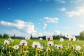 Beautiful puffy dandelions and flying seeds
