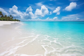 Fototapeta na wymiar beautiful sandy beach and soft blue ocean wave. Сopy space for a product 