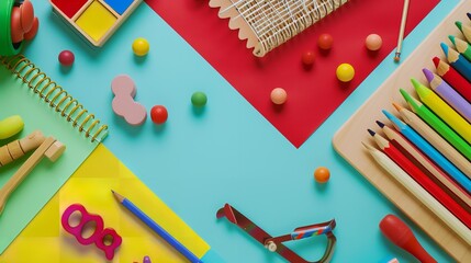 Top View of Educational Wooden Toys and Stationery - Play and Learn