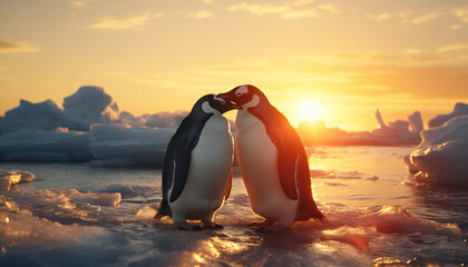 Recreation of two penguins loving each other in the Arctic at sunset	