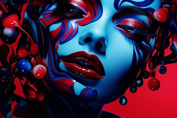 Red lips with red lipstick and blue paint splashes. Close-up.